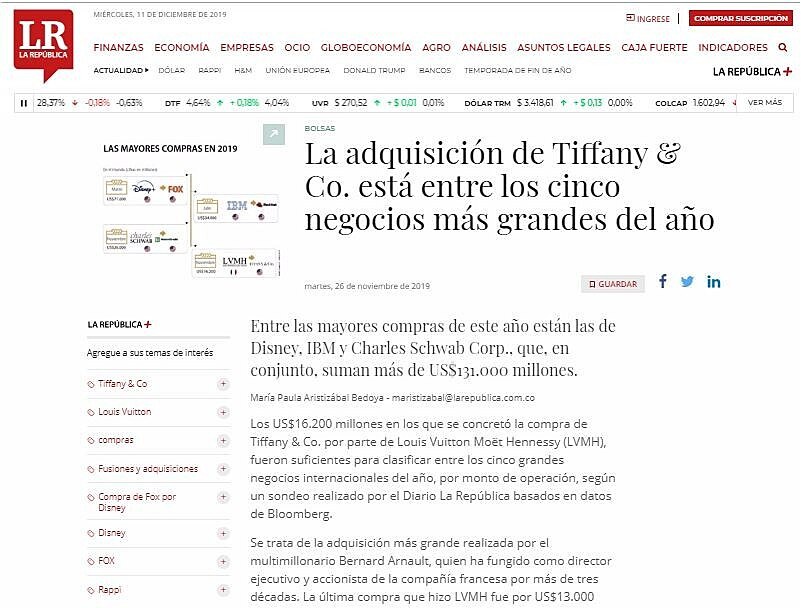 La adquisicin de Tiffany & Co. est entre los cinco negocios ms grandes del ao